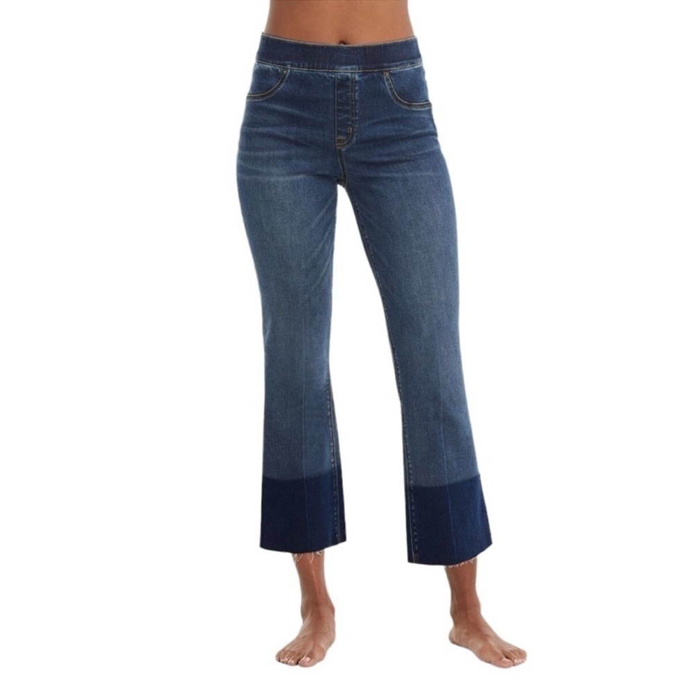 Spanx Cropped Flare Jeans Raw Hem Medium Wash Size XL